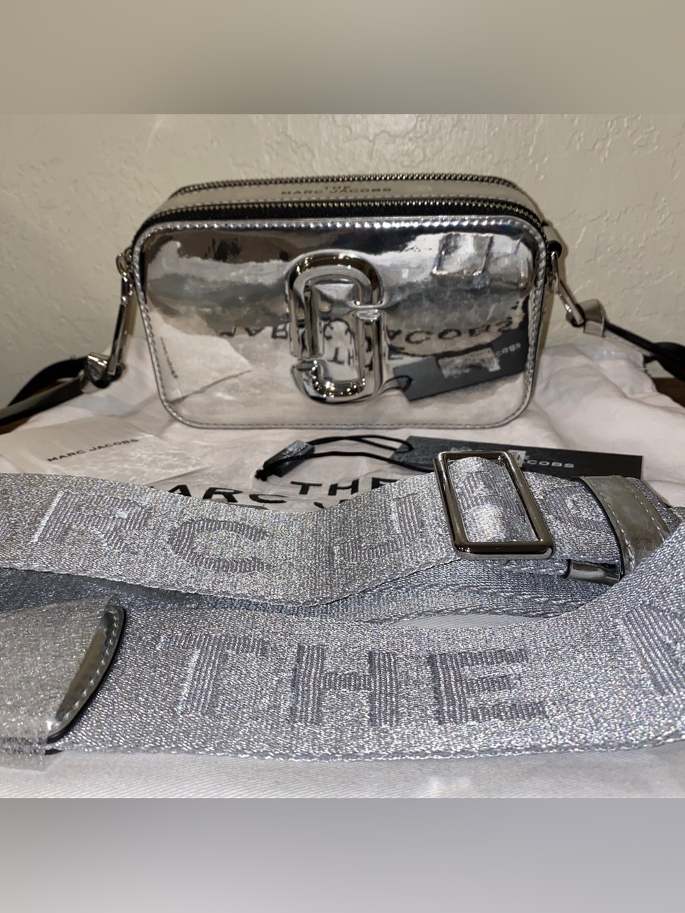Marc Jacobs Metallic Silver Snapshot Camera Crossbody Bag with Branded Strap